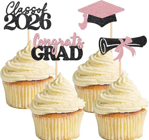 Graduation Decorations 24 Pcs Graduation Cake Topper Congrats Grad Gold Glitter Class of 2026 Cupcake Toppers Grad Cap Graduation Party Decorations in Saudi Arabia