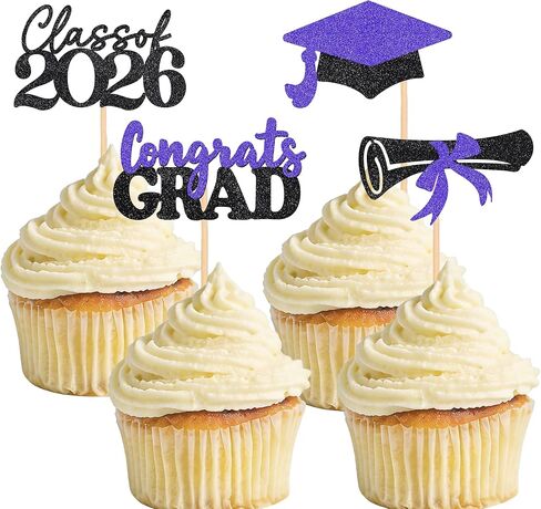 Graduation Decorations 24 Pcs Graduation Cake Topper Congrats Grad Gold Glitter Class of 2026 Cupcake Toppers Grad Cap Graduation Party Decorations in Saudi Arabia