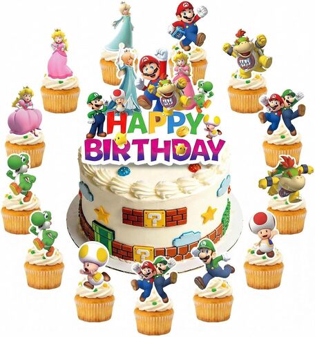 25 Pcs Super Bros Happy Birthday Cake Toppers, Mario Cake Decorations, Perfect for Decorating Cakes at Birthday Parties, Themed Parties, and More, Making your Cake the Center of Attention in Saudi Arabia