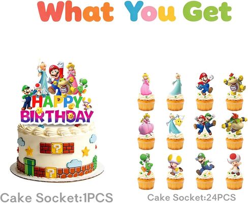 25 Pcs Super Bros Happy Birthday Cake Toppers, Mario Cake Decorations, Perfect for Decorating Cakes at Birthday Parties, Themed Parties, and More, Making your Cake the Center of Attention in Saudi Arabia