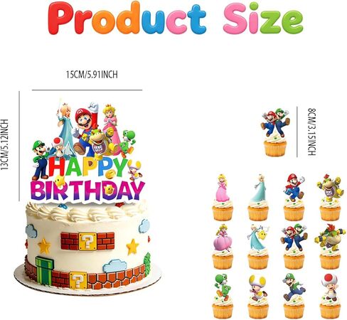 25 Pcs Super Bros Happy Birthday Cake Toppers, Mario Cake Decorations, Perfect for Decorating Cakes at Birthday Parties, Themed Parties, and More, Making your Cake the Center of Attention in Saudi Arabia