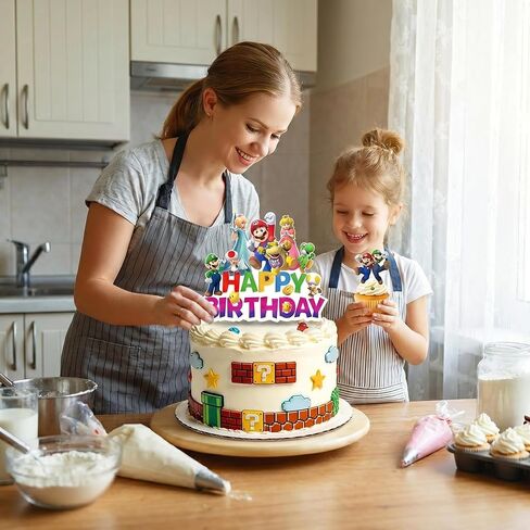 25 Pcs Super Bros Happy Birthday Cake Toppers, Mario Cake Decorations, Perfect for Decorating Cakes at Birthday Parties, Themed Parties, and More, Making your Cake the Center of Attention in Saudi Arabia