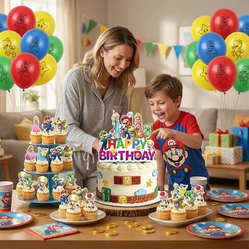 25 Pcs Super Bros Happy Birthday Cake Toppers, Mario Cake Decorations, Perfect for Decorating Cakes at Birthday Parties, Themed Parties, and More, Making your Cake the Center of Attention in Saudi Arabia