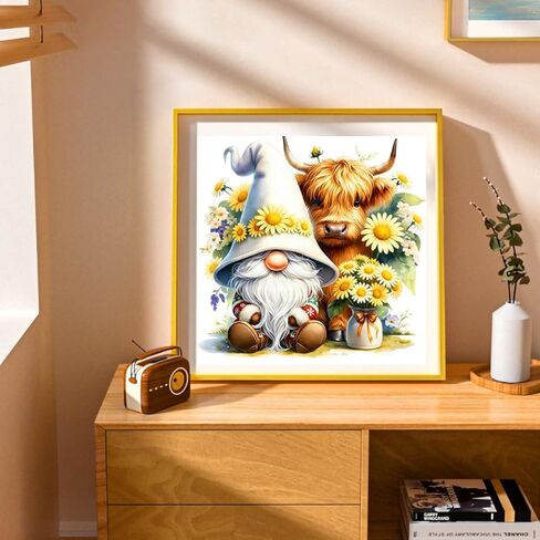 Zhenqing Gnome & Highland Cow Cross Stitch Kit، 11CT مطبوعة 38x38 سم، مجموعة تطريز كاملة للمبتدئين مع تصميم عباد الشمس (JS0018) in Kuwait