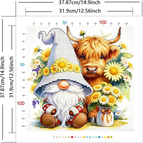 Zhenqing Gnome & Highland Cow Cross Stitch Kit، 11CT مطبوعة 38x38 سم، مجموعة تطريز كاملة للمبتدئين مع تصميم عباد الشمس (JS0018) in Kuwait