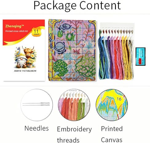 Zhenqing Gnome & Highland Cow Cross Stitch Kit، 11CT مطبوعة 38x38 سم، مجموعة تطريز كاملة للمبتدئين مع تصميم عباد الشمس (JS0018) in Kuwait