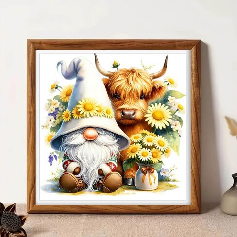 Zhenqing Gnome & Highland Cow Cross Stitch Kit، 11CT مطبوعة 38x38 سم، مجموعة تطريز كاملة للمبتدئين مع تصميم عباد الشمس (JS0018) in Kuwait