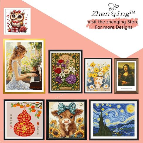 Zhenqing Gnome & Highland Cow Cross Stitch Kit، 11CT مطبوعة 38x38 سم، مجموعة تطريز كاملة للمبتدئين مع تصميم عباد الشمس (JS0018) in Kuwait
