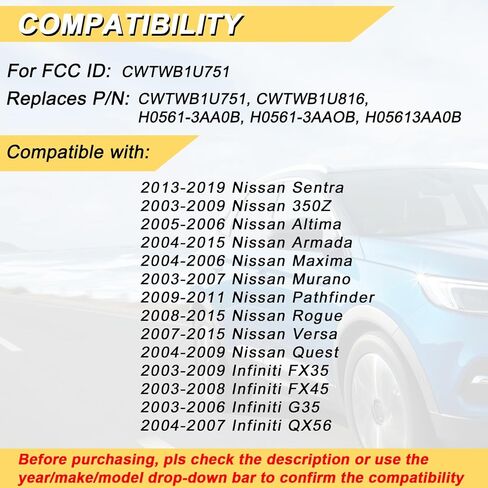استبدال Vurkcy Key Fob لـ 2004-2015 Nissan Armada/ 13-19 Sentra/ 350Z Altima Maxima Murano Pathfinder/ 03-09 Infiniti FX35 FX45 G35 QX56 جهاز تحكم عن بعد للدخول بدون مفتاح للسيارة، CWTWB1U751، 4 Btn in Kuwait