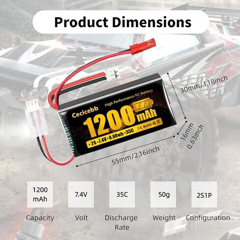 SCX24 Battery 7.4V 1200mAh Lipo Battery 2S 35C with PH2.0 & JST Plug for SCX24 RC Car WLtoys A949 A959 A969 A979 K929 and 1/10 1/16 1/18 1/24 RC Truck in Saudi Arabia