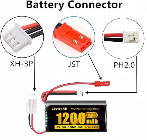 SCX24 Battery 7.4V 1200mAh Lipo Battery 2S 35C with PH2.0 & JST Plug for SCX24 RC Car WLtoys A949 A959 A969 A979 K929 and 1/10 1/16 1/18 1/24 RC Truck in Saudi Arabia
