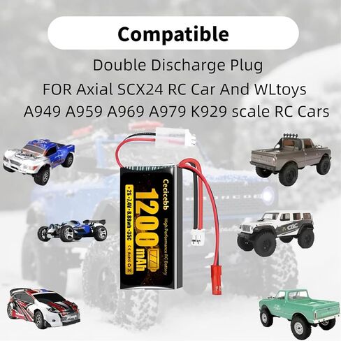 SCX24 Battery 7.4V 1200mAh Lipo Battery 2S 35C with PH2.0 & JST Plug for SCX24 RC Car WLtoys A949 A959 A969 A979 K929 and 1/10 1/16 1/18 1/24 RC Truck in Saudi Arabia