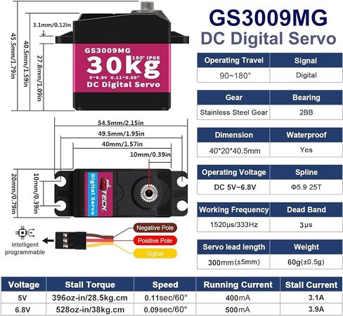 GOTECK 2Pcs 30KG Digital Servo,Large Torque 6V Full Metal Gear Digital servos IP66 Waterproof Steering Servo with 25T Servo Horn for 1/8 1/10 1/12 Scale Baja RC Car (2Pcs 180 Degree) in Saudi Arabia