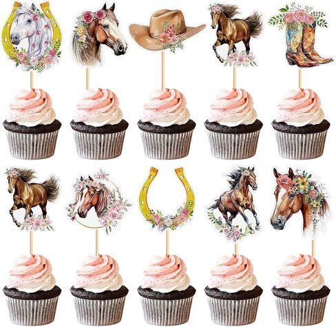 24 Pcs Horse Cupcake Toppers - Horse Birthday Decorations Animal Cake Decoration for Horse Racing, Equestrian Themed Birthday & Baby Shower Parties Supplies Colorful in Kuwait