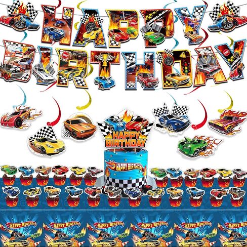 33 Pcs Hot Car Birthday Party Decorations, Birthday Party Supplies for Hot Car Includes Banner, Hanging Swirls, Cake Topper, 24 Cupcake Toppers, TableCloth in Saudi Arabia