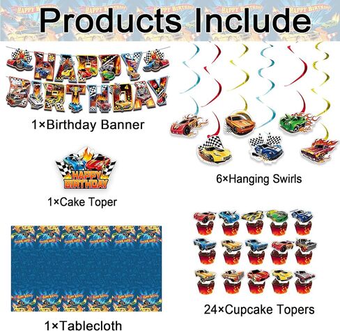 33 Pcs Hot Car Birthday Party Decorations, Birthday Party Supplies for Hot Car Includes Banner, Hanging Swirls, Cake Topper, 24 Cupcake Toppers, TableCloth in Saudi Arabia