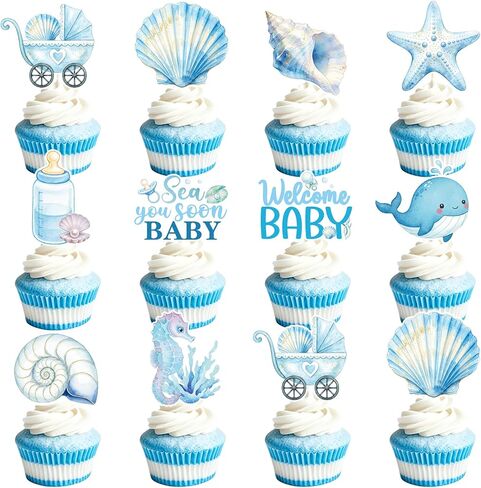 Under The Sea Party Decorations - 40 Pcs Sea You Soon Seashell Baby Shower Cupcake Toppers Decorations, Blue Summer Ocean Theme Cake Decor Supplies for Boys Girls in Saudi Arabia