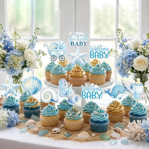 Under The Sea Party Decorations - 40 Pcs Sea You Soon Seashell Baby Shower Cupcake Toppers Decorations, Blue Summer Ocean Theme Cake Decor Supplies for Boys Girls in Saudi Arabia