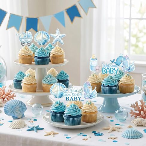 Under The Sea Party Decorations - 40 Pcs Sea You Soon Seashell Baby Shower Cupcake Toppers Decorations, Blue Summer Ocean Theme Cake Decor Supplies for Boys Girls in Saudi Arabia