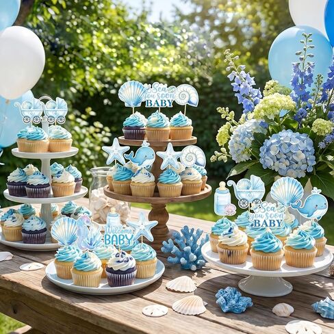 Under The Sea Party Decorations - 40 Pcs Sea You Soon Seashell Baby Shower Cupcake Toppers Decorations, Blue Summer Ocean Theme Cake Decor Supplies for Boys Girls in Saudi Arabia