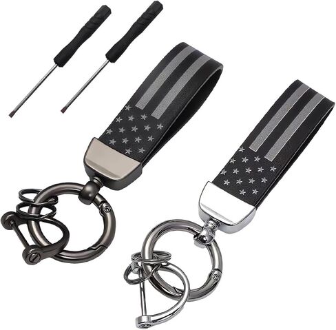 2 PCS American USA Flag Car Keychain, USA Flag Key Chain with Anti Lost D-Ring, 360° Rotatable Zinc Alloy Key Ring (Black & Silver+Black) in Kuwait