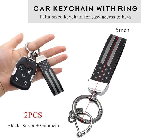 2 PCS American USA Flag Car Keychain, USA Flag Key Chain with Anti Lost D-Ring, 360° Rotatable Zinc Alloy Key Ring (Black & Silver+Black) in Kuwait