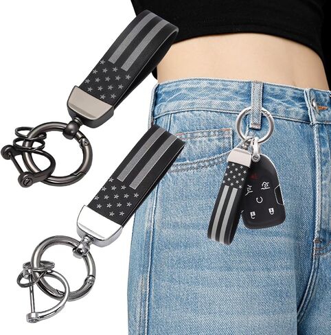 2 PCS American USA Flag Car Keychain, USA Flag Key Chain with Anti Lost D-Ring, 360° Rotatable Zinc Alloy Key Ring (Black & Silver+Black) in Kuwait