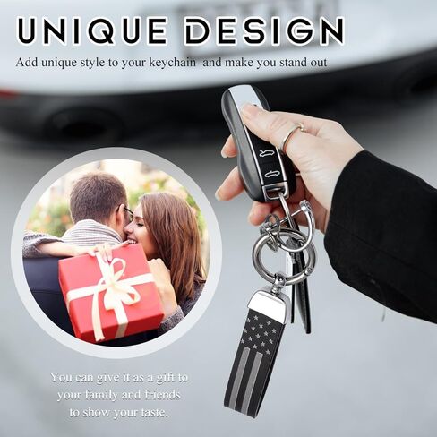 2 PCS American USA Flag Car Keychain, USA Flag Key Chain with Anti Lost D-Ring, 360° Rotatable Zinc Alloy Key Ring (Black & Silver+Black) in Kuwait