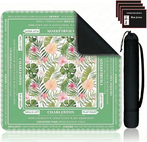 Green Mahjong Mat for Table, American Mahjong Table Mat with Rules & Bag, Mahjong Gifts, Non-Slip Neoprene Travel Mahjongs Tables Cloth for Poker, Board Card Game, 32.4x32.4 Inch(Flowers) in Saudi Arabia