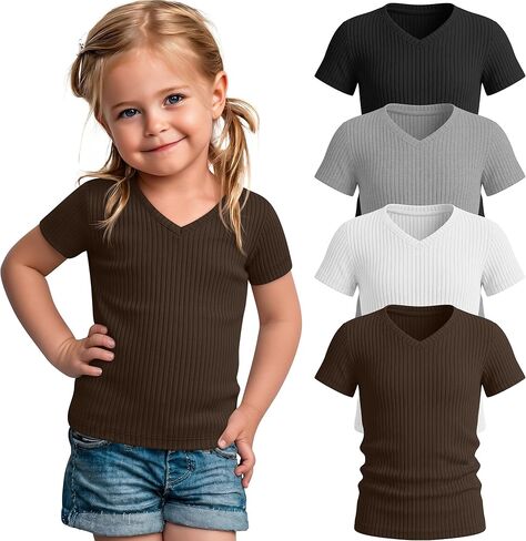 4 Pack Toddler Girls' Shirts Cotton Short Sleeve Ribbed V Neck Tops Kids Soft Cute Summer Clothes Basic Tees 18m-5t in Saudi Arabia