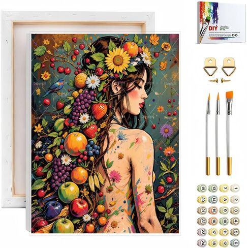 Flower and Fruit Hair Woman Portrait Paint by Numbers Kit for Adults - Fruits and Flowers Painting on Canvas 16x20, Paint Set, Suitable for Beginners, Art for Home Decoration or Gifts, Unframed in Saudi Arabia