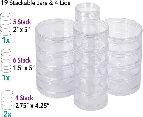 The Beadsmith – Stack Jar 4-Piece Assortment – 2 x 4 Stack, 1 x 5 Stack, 1 x 6 Stack, Pill containers, Empty Pot Jars, refillable Cosmetic containers, Small Plastic Organizers in Kuwait