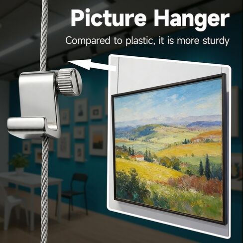 8PCS Picture Rail Hanging System Kit(6.56FT) Adjustable Picture Hanging Wire Set with Sturdy Cord and Rail Hooks with knob for Gallery Art Exhibition Display in Saudi Arabia