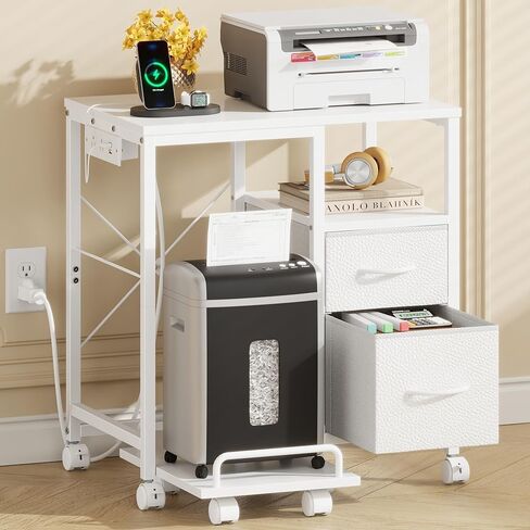 YAOHUOO Printer Stand with Power Outlet/Fabric Drawers, Printer Cabinet with Storage Shelf and Rolling Shredder Stand, Printer Table for Home Office, 22.8"×15" White in Saudi Arabia