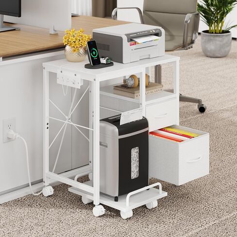 YAOHUOO Printer Stand with Power Outlet/Fabric Drawers, Printer Cabinet with Storage Shelf and Rolling Shredder Stand, Printer Table for Home Office, 22.8"×15" White in Saudi Arabia