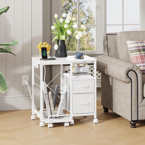 YAOHUOO Printer Stand with Power Outlet/Fabric Drawers, Printer Cabinet with Storage Shelf and Rolling Shredder Stand, Printer Table for Home Office, 22.8"×15" White in Saudi Arabia