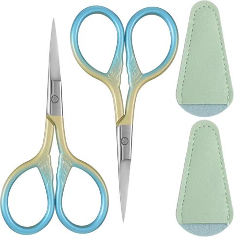 2 PCS Eyebrow Scissors for Women with Leather Sheaths, 3.6inch Stainless Steel Small Precision Scissorss Professional Grooming Mini Scissors Set for Nose Eyebrow Beard Trimming Personal Care, Sewing in Kuwait