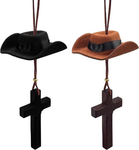 Cowboy Hat Car Charm, Rearview Mirror Felt Western Cowgirl Style Ornament with Cross, Cute Vehicle Interior Mirror Pendant Mini Hanging Decor for Men Women, Car Accessories (Black) in Saudi Arabia
