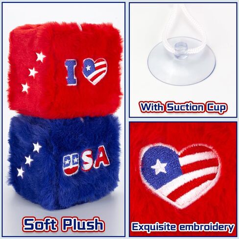 4th of July Fuzzy Dice for Car Rear View Mirror, Patriotic Decorations Plush Hanging Dice, Embroidered I Love USA Design, Red White and Blue Car Accessories for Indoor Outdoor Decor Pair in Saudi Arabia