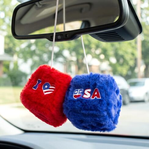 4th of July Fuzzy Dice for Car Rear View Mirror, Patriotic Decorations Plush Hanging Dice, Embroidered I Love USA Design, Red White and Blue Car Accessories for Indoor Outdoor Decor Pair in Saudi Arabia