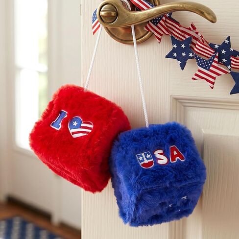 4th of July Fuzzy Dice for Car Rear View Mirror, Patriotic Decorations Plush Hanging Dice, Embroidered I Love USA Design, Red White and Blue Car Accessories for Indoor Outdoor Decor Pair in Saudi Arabia