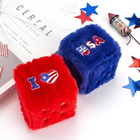 4th of July Fuzzy Dice for Car Rear View Mirror, Patriotic Decorations Plush Hanging Dice, Embroidered I Love USA Design, Red White and Blue Car Accessories for Indoor Outdoor Decor Pair in Saudi Arabia