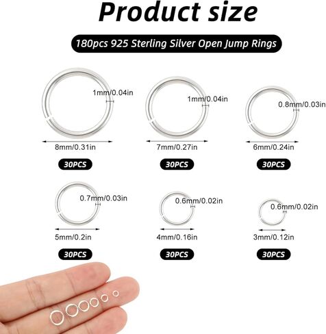 180PCS 925 Sterling Silver Open Jump Rings,3/4/5/6/7/8mm Jewelry Connector Rings for Bracelets Necklaces Earrings DIY Craft Making Supplies in Saudi Arabia