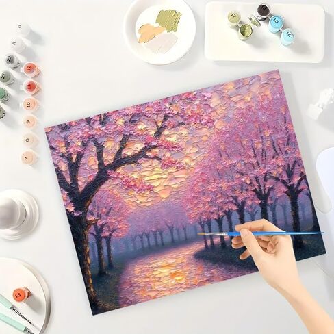 مجموعة طلاء يوم الربيع بالأرقام للبالغين - مسار أزهار الكرز DIY عند غروب الشمس رسم على القماش مقاس 16 × 20 بوصة، مجموعة طلاء أكريليك، مناسبة للمبتدئين، فن لتزيين المنزل أو الهدايا in Kuwait