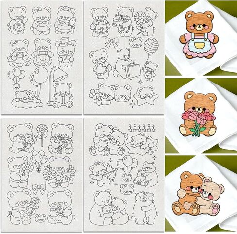 28Pcs Cartoon Bear Water Soluble Hand Sewing Stabilizers, 8.3"x11.7" Cute Animal Embroidery Pattern Stabilizer, 4 Sheets Small Bear Stick and Stitch Embroidery Paper Sticker in Kuwait