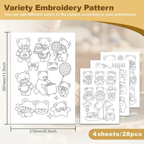 28Pcs Cartoon Bear Water Soluble Hand Sewing Stabilizers, 8.3"x11.7" Cute Animal Embroidery Pattern Stabilizer, 4 Sheets Small Bear Stick and Stitch Embroidery Paper Sticker in Kuwait