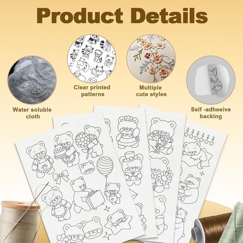 28Pcs Cartoon Bear Water Soluble Hand Sewing Stabilizers, 8.3"x11.7" Cute Animal Embroidery Pattern Stabilizer, 4 Sheets Small Bear Stick and Stitch Embroidery Paper Sticker in Kuwait