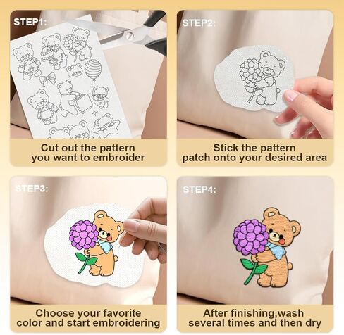 28Pcs Cartoon Bear Water Soluble Hand Sewing Stabilizers, 8.3"x11.7" Cute Animal Embroidery Pattern Stabilizer, 4 Sheets Small Bear Stick and Stitch Embroidery Paper Sticker in Kuwait