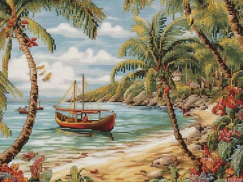 KFBXZIP Seaside Beach Palm Tree Cross Stitch Kits for Beginners Pattern Stamped Cross Stitch Supplies Needlework DIY 11CT 3 Strands Cotton Thread Printed DIY Needlepoint Kits, 12x16 inch in Saudi Arabia