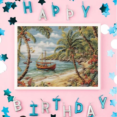 KFBXZIP Seaside Beach Palm Tree Cross Stitch Kits for Beginners Pattern Stamped Cross Stitch Supplies Needlework DIY 11CT 3 Strands Cotton Thread Printed DIY Needlepoint Kits, 12x16 inch in Saudi Arabia